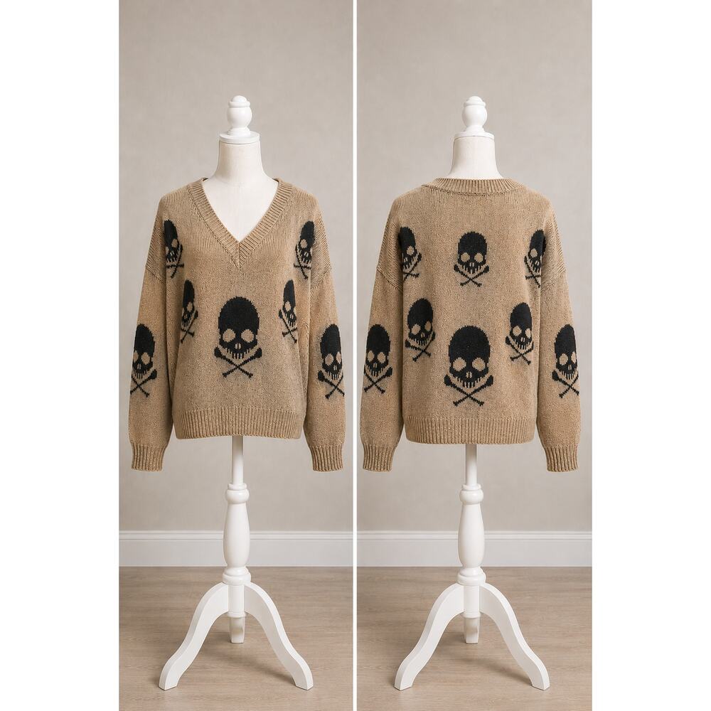 Skull Crossbones V-Neck Sweater Tan Black Gothic Punk Grunge Oversized XL